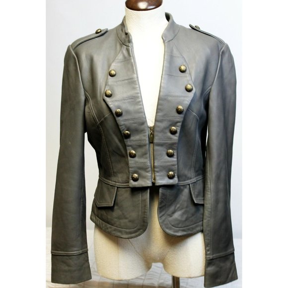 Michaela Fur Gray Leather Zip Band Jacket Military Style Buttons Women's Sz M - Picture 2 of 11